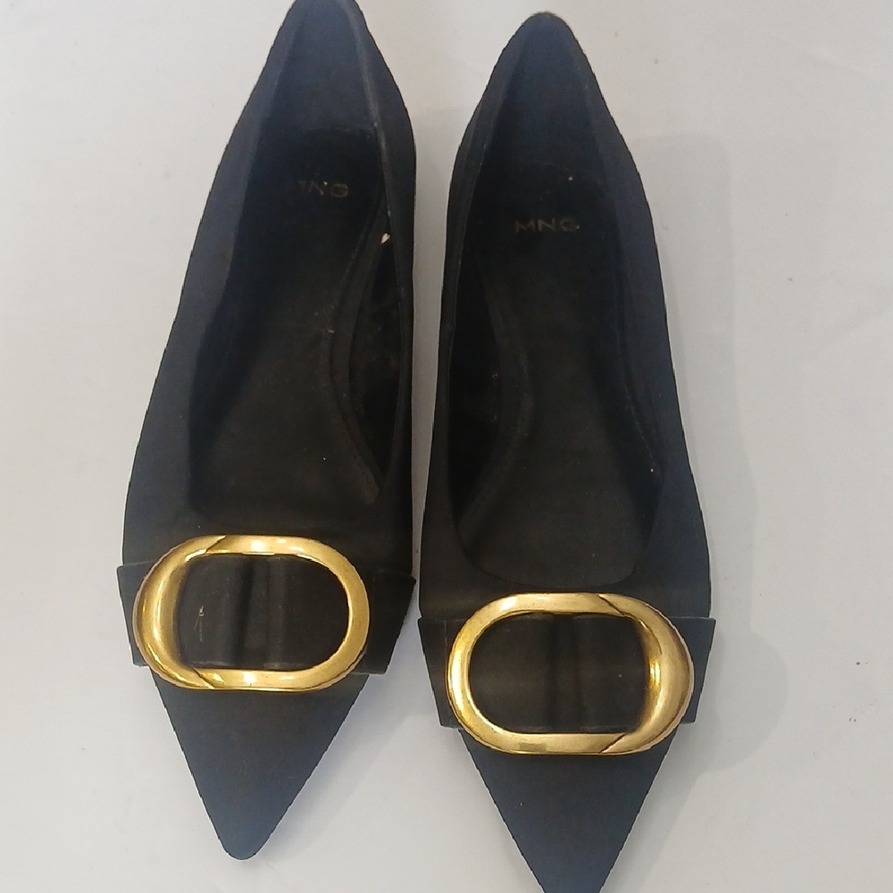 Mango Black Pointed Flats with Gold Accent Size 37